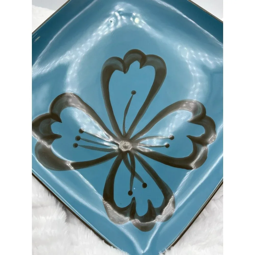 Pier 1 Hibiscus Square Plate Brown Turquois Dinner Discontinued Pattern Set of 4 - Picture 2 of 8